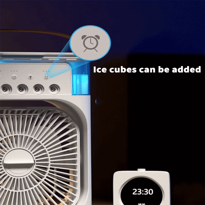 Ventilador USB personal, pequeño y potente, que ofrece un alivio instantáneo del calor con su función de agua.
