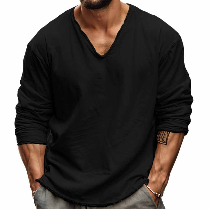 Camisa de hombre casual de manga larga con cuello V, ideal para verano. Tejido suave y cómodo, estilo relajado.