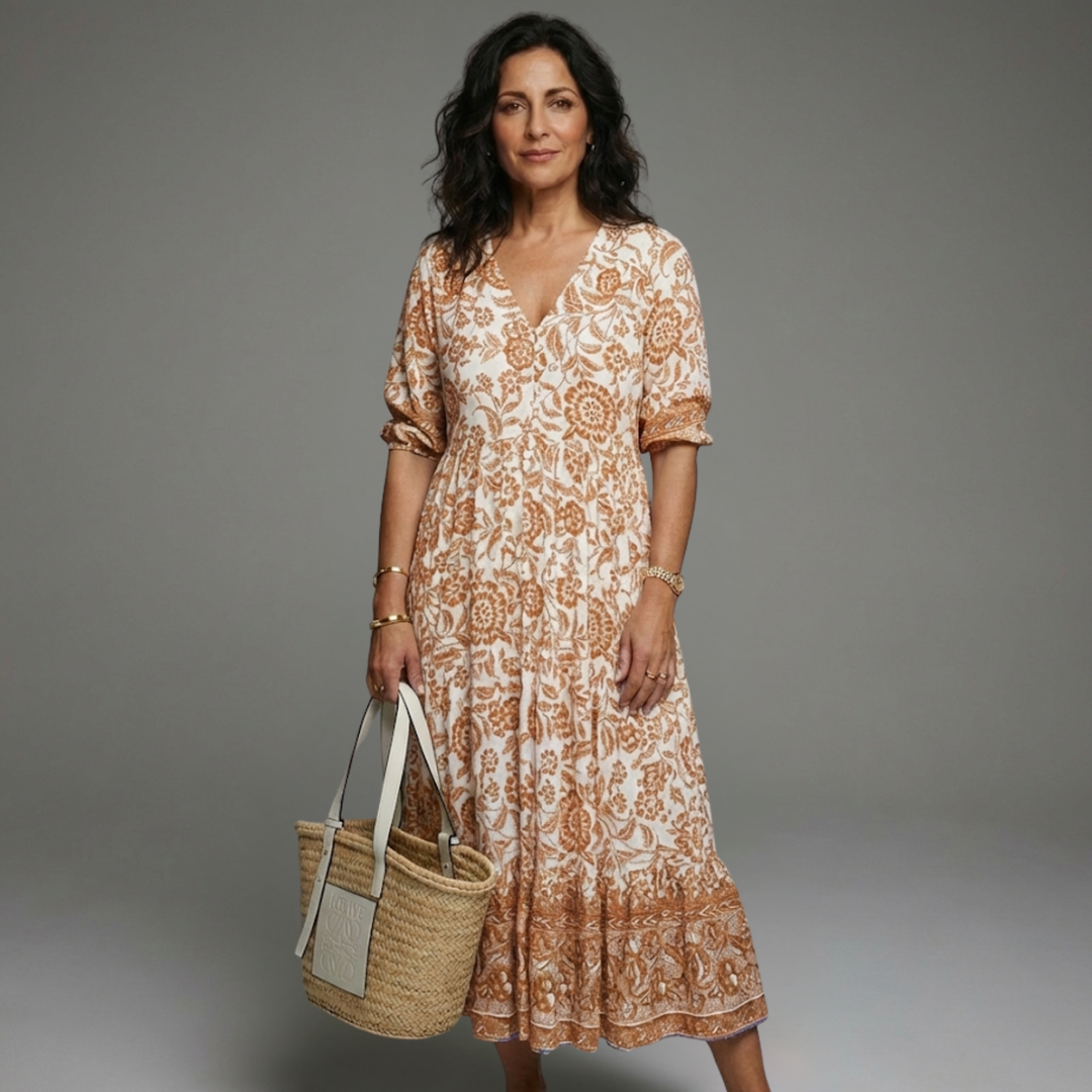 Vestido casual floral para mujer, escote V, tela ligera y corte cómodo. Estilo fresco para el verano.