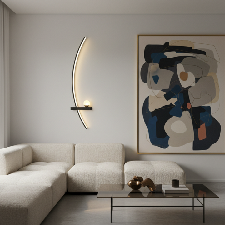 Aplique de pared LED para sala, iluminación ambiental, diseño minimalista.