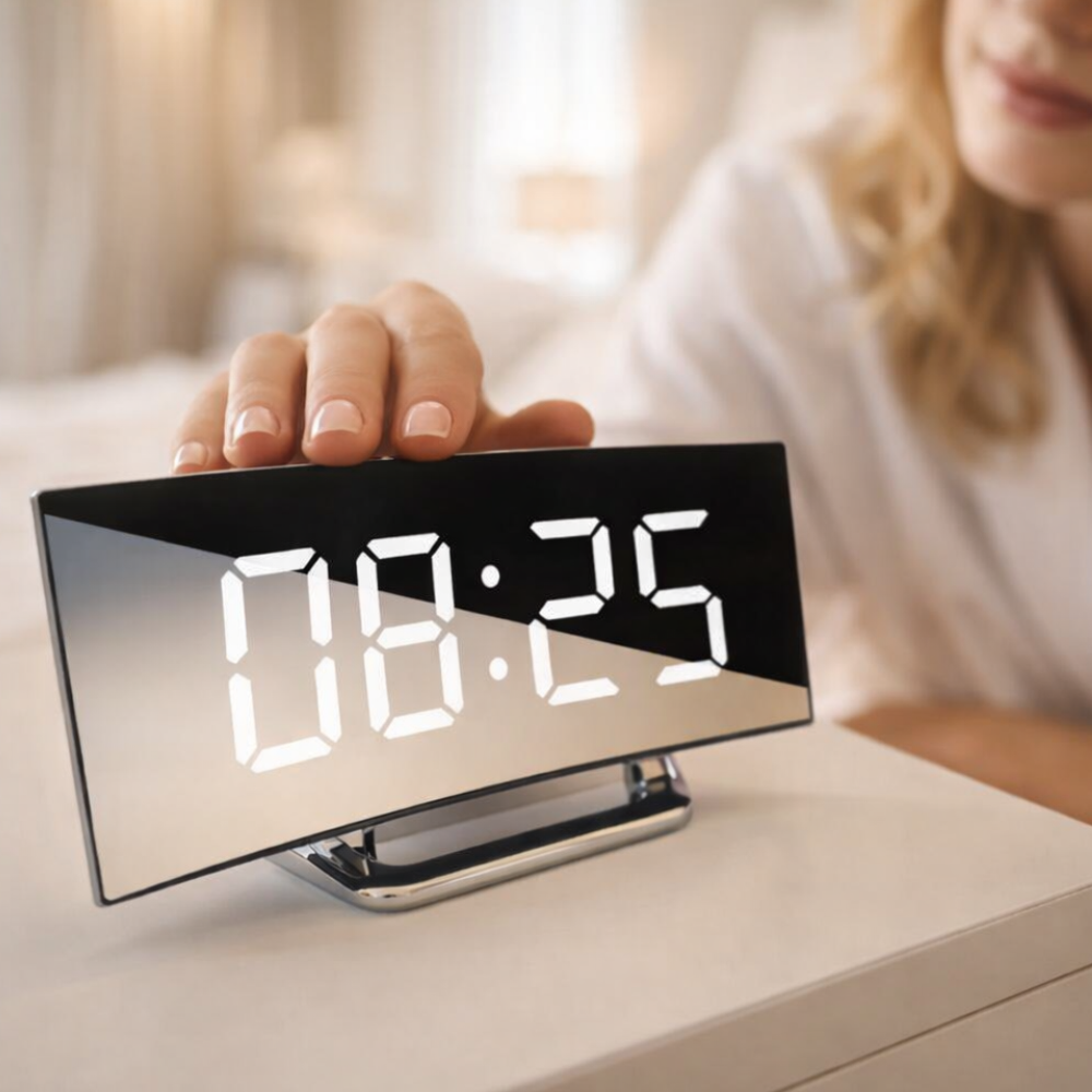 Despertador LED curvado con números rojos y brillo ajustable, ideal para mesita de noche moderna.