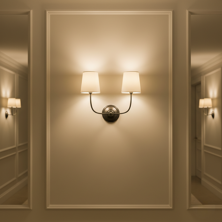Aplique de pared moderno doble, iluminación ambiental para cualquier espacio. Brazos curvos, estilo elegante.