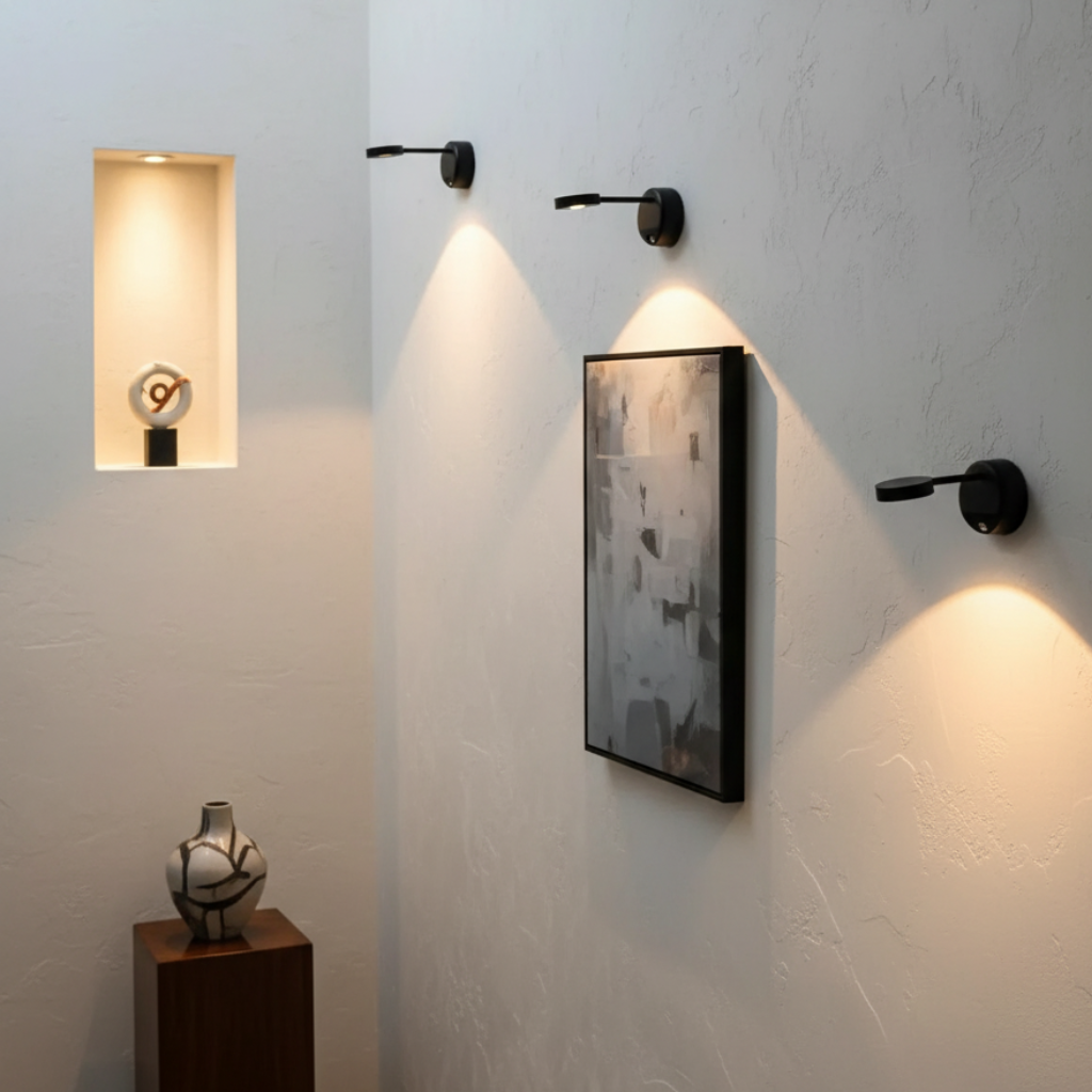Foco de pared LED con sensor de movimiento; inalámbrico, giratorio y recargable, optimiza la luz en cualquier rincón.