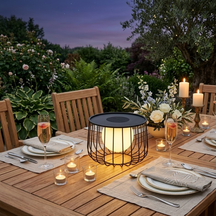 Lámpara LED solar decorativa para exteriores. Luz regulable y portátil IP65.