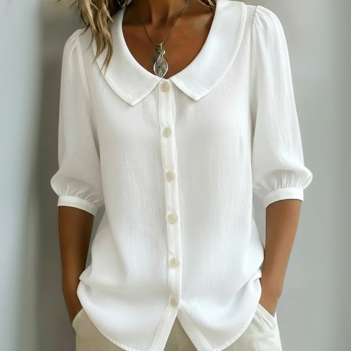 Camisa Maribel casual de mujer, color sólido. Blusa versátil de manga corta, ideal para oficina o estilo diario.