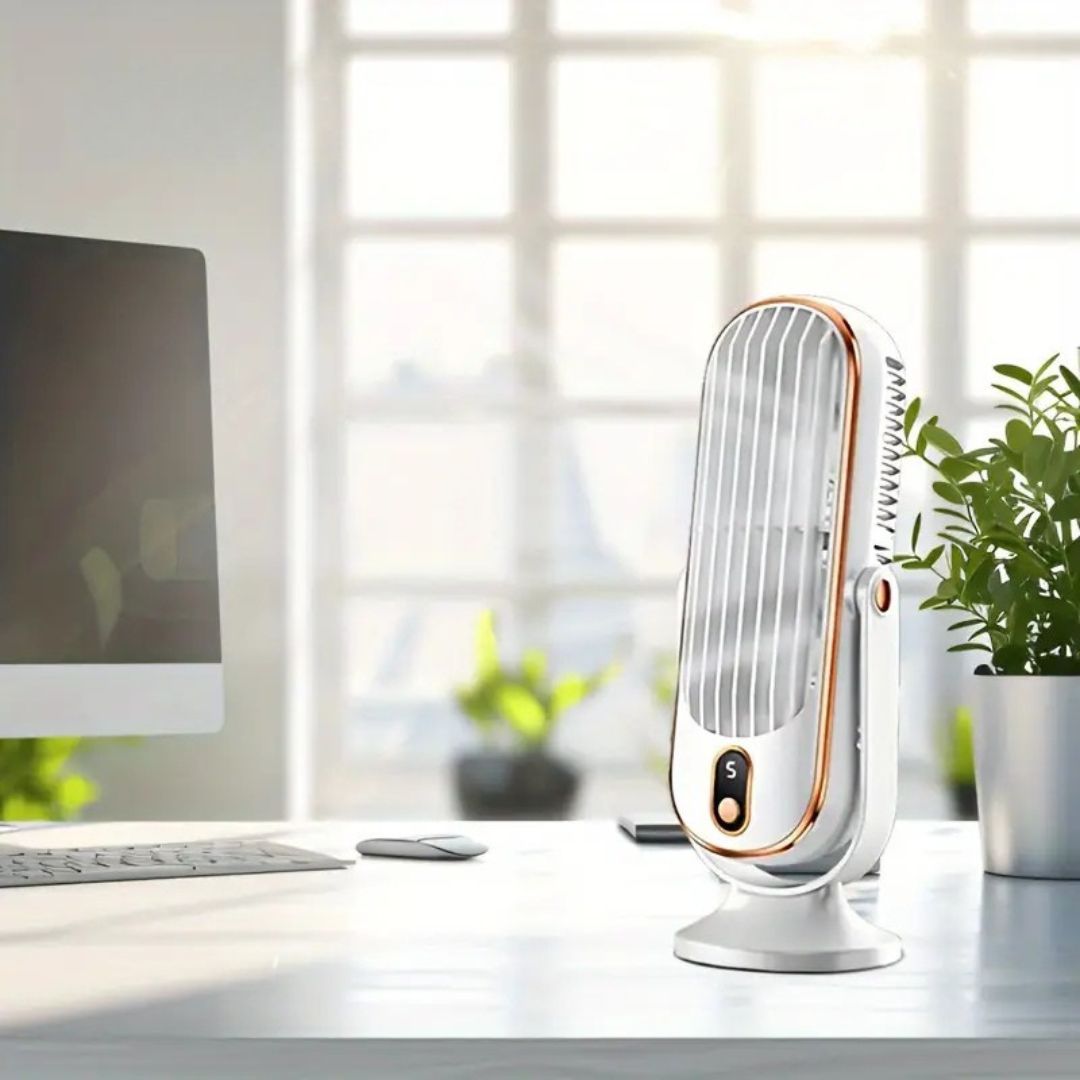 Ventilador de escritorio USB compacto y potente. Silencioso, perfecto para mantener fresco tu espacio de trabajo.