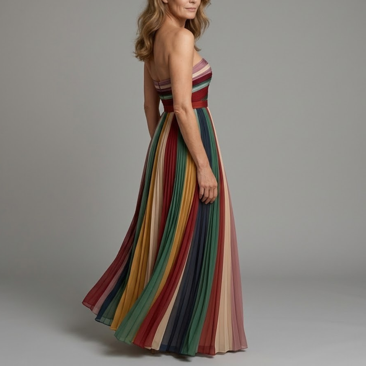 Vestido largo plisado de mujer, estilo elegante sin tirantes. Versátil para verano, ideal para fiesta o look casual.