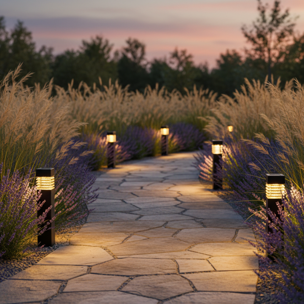 Iluminación de sendero solar. Luces LED para jardín con luz cálida acogedora.