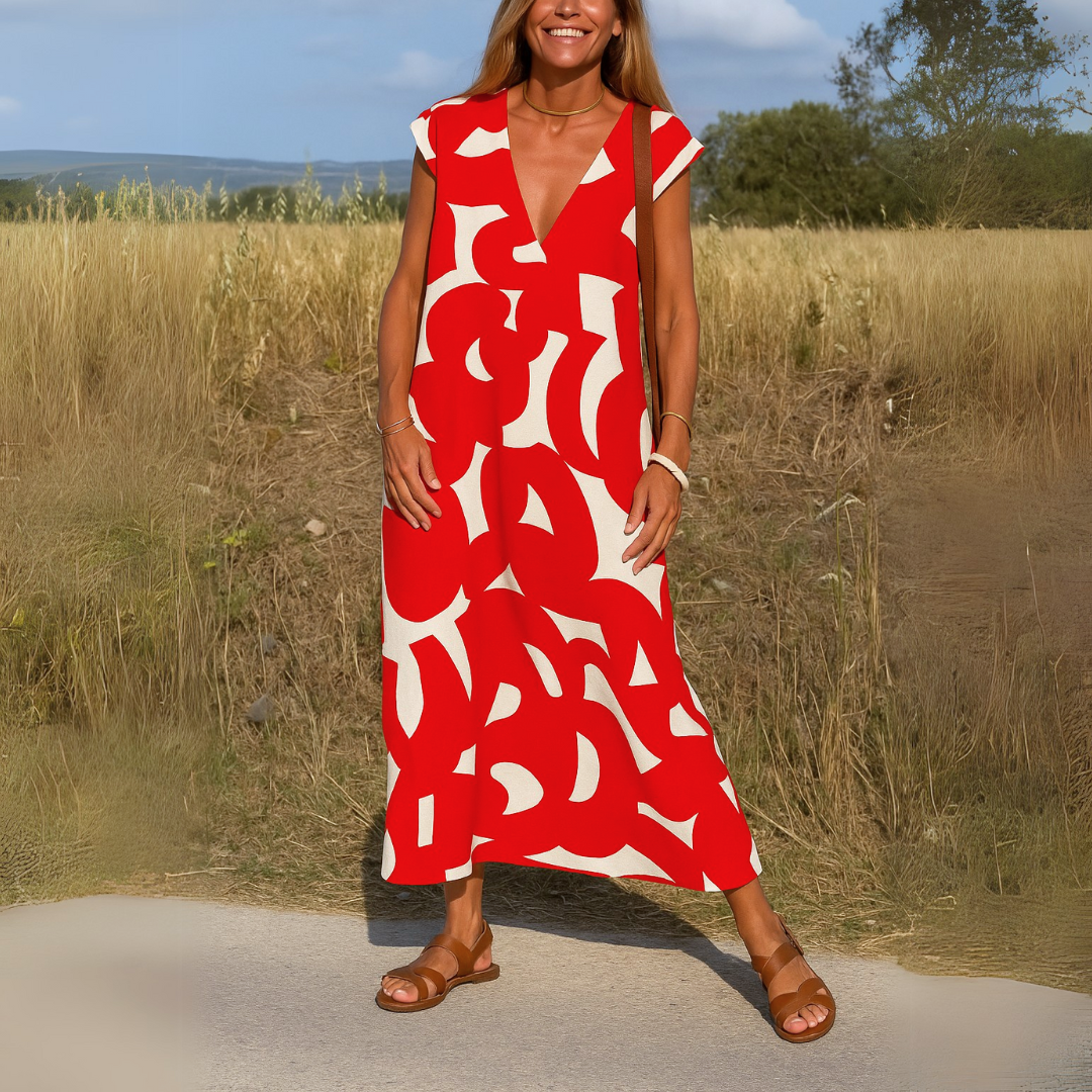 Vestido sin mangas de mujer, corte fluido y escote en V. Moda casual o fiesta, muy versátil y chic.