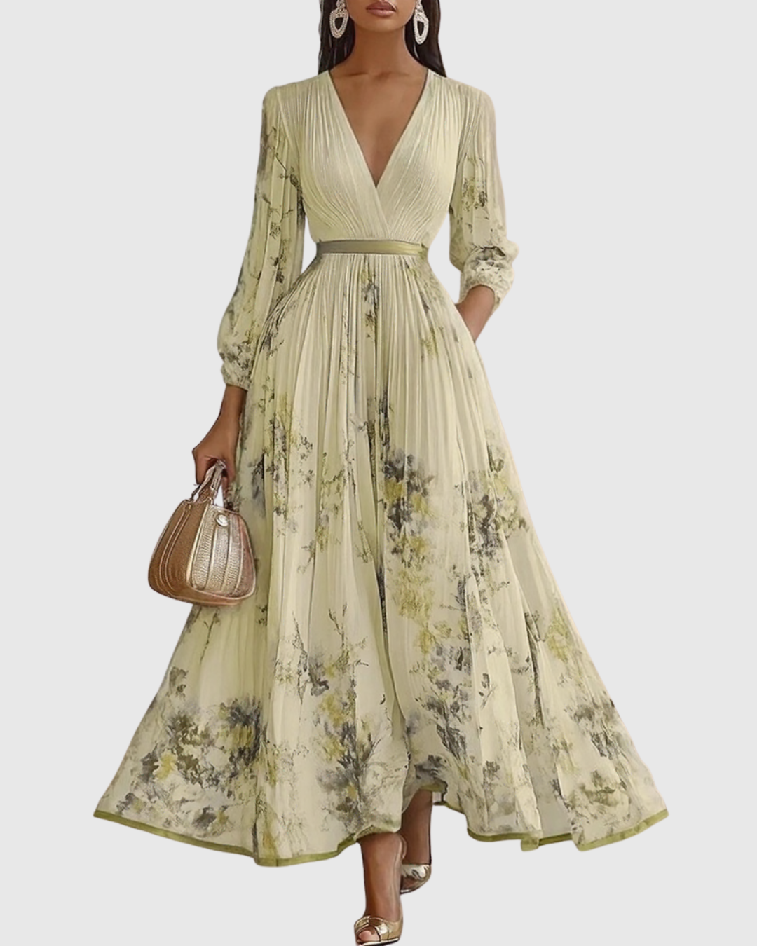 Vestido maxi plisado formal para graduación o noche, estilo sofisticado y cómodo para invitadas elegantes.