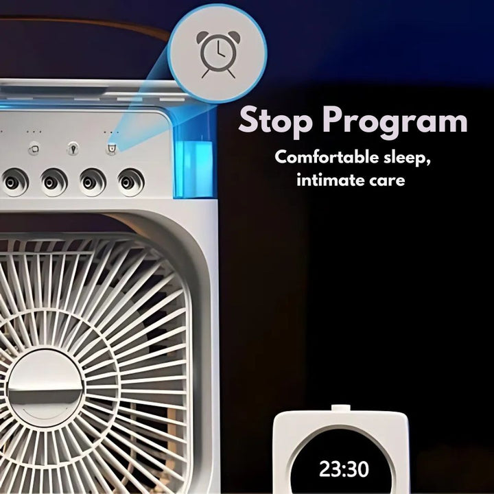 Enfriador de aire portátil con luz LED, humidificador y purificador para tu oficina.