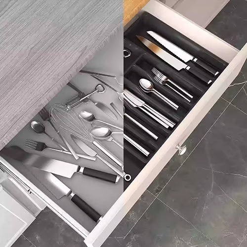 Organizador de cajón ajustable y extensible blanco, perfecto para mantener el orden en tu cocina o escritorio.