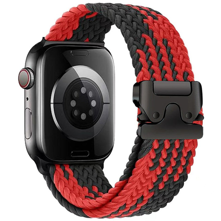 Textura de nylon trenzado en correa para smartwatch, resistencia y confort unisex.