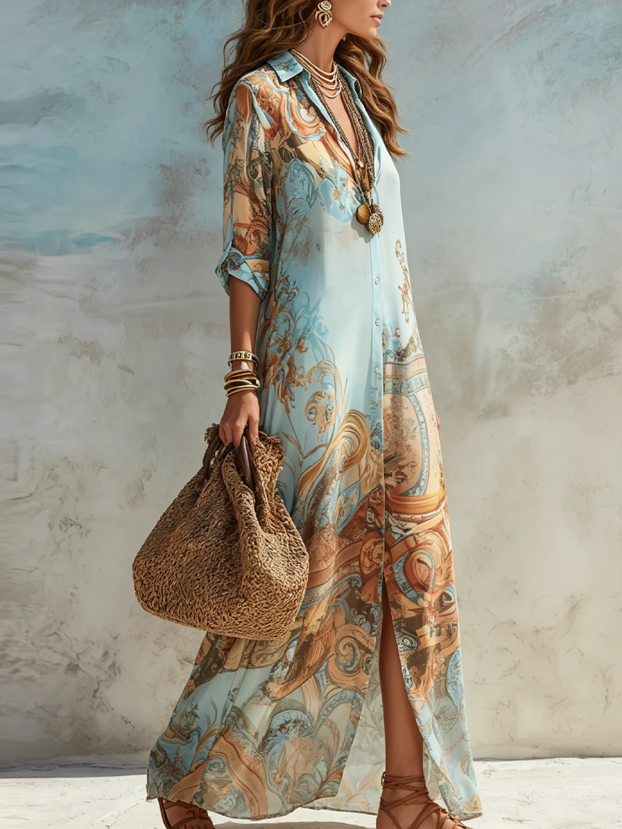 Maxi vestido camisero de mujer en azul, con estampado bohemio, manga corta, un look elegante y fresco.
