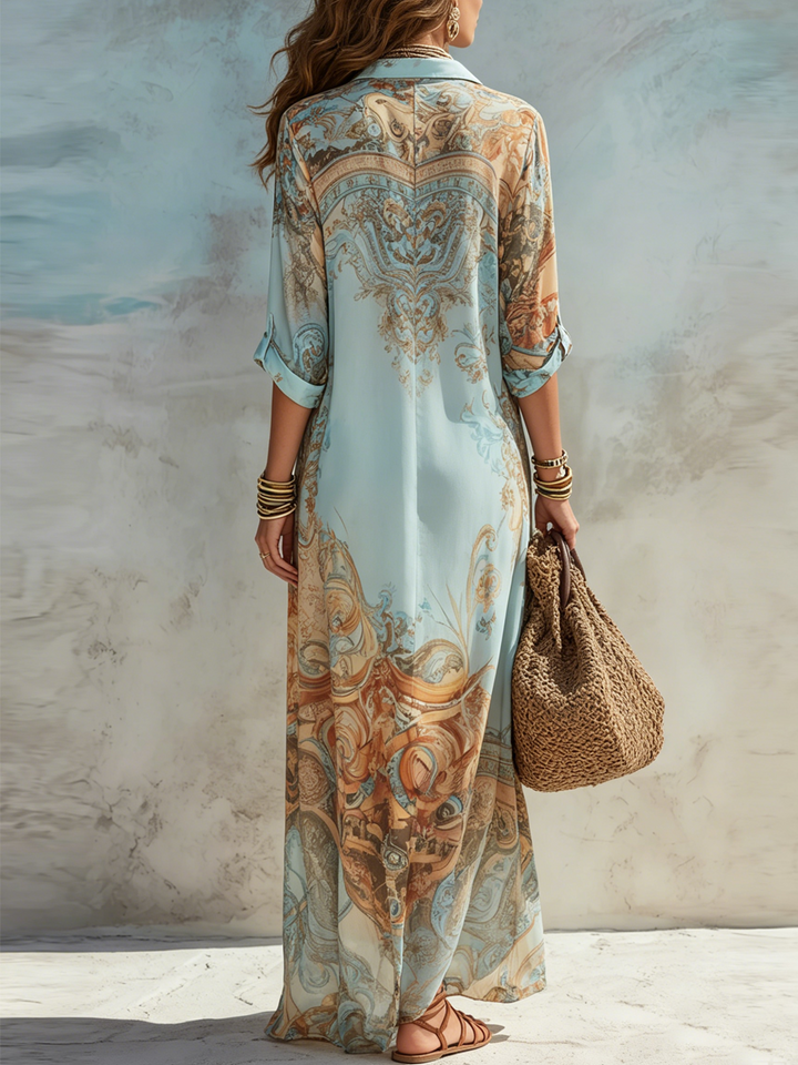 Vestido largo bohemio mujer con estampado artístico, estilo camisero, perfecto para verano casual y chic.