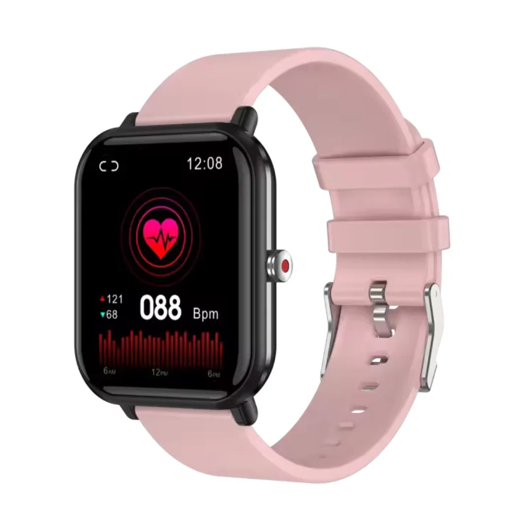 Primer plano: smartwatch unisex, pantalla brillante con datos de salud. Tensiómetro y SpO2.