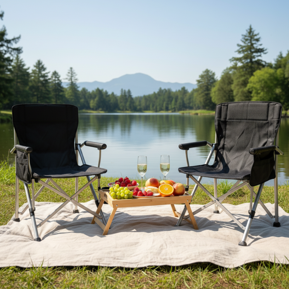 Silla plegable negra y cómoda para camping, pesca y playa. Diseño portátil de alta resistencia, apta para jardín.