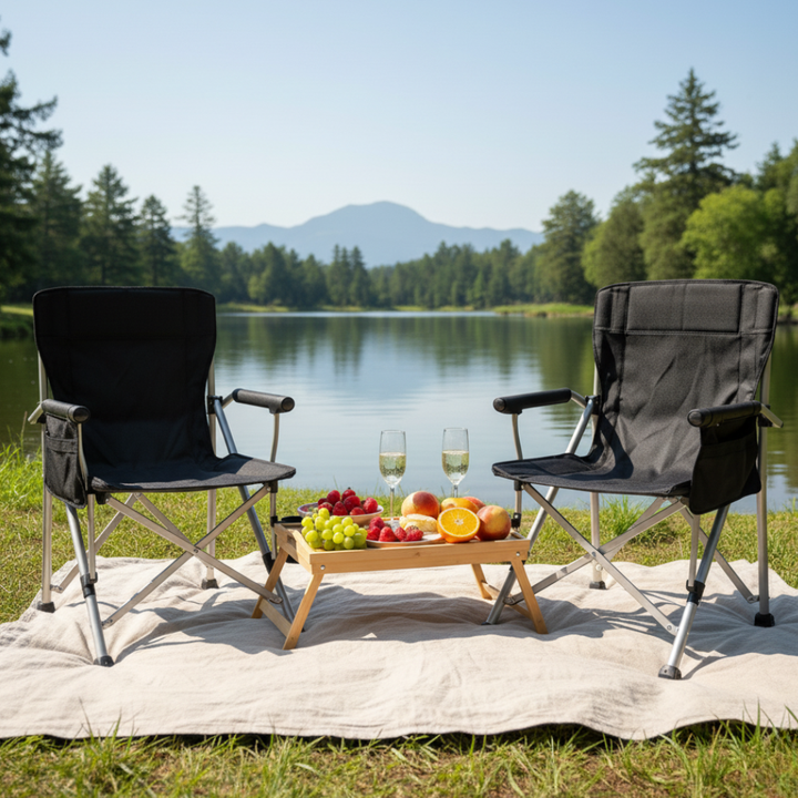 Silla plegable negra y cómoda para camping, pesca y playa. Diseño portátil de alta resistencia, apta para jardín.