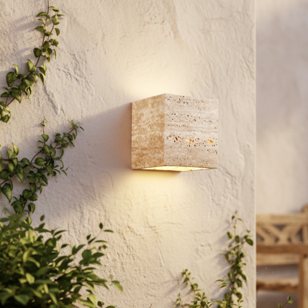 Aplique exterior Wabi Sabi para pared, iluminación de jardín y balcón. Diseño minimalista.