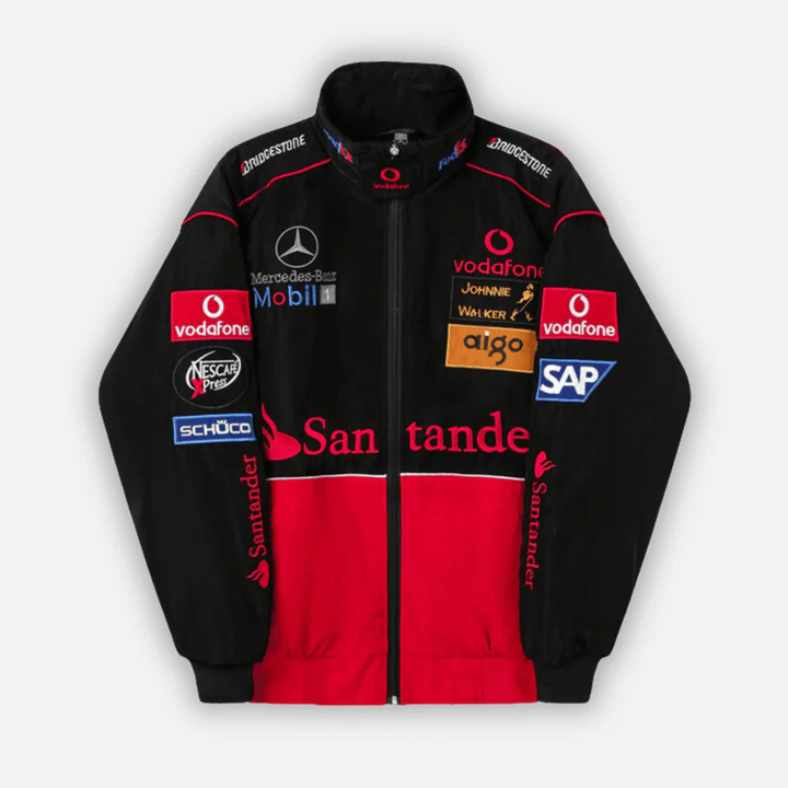 Chaqueta de carreras vintage roja unisex con diseño retro. Perfecta para un estilo urbano y casual.