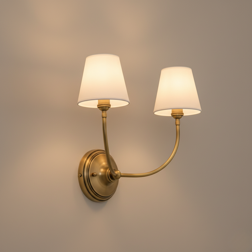 Aplique de pared doble minimalista con brazos curvos para iluminación ambiental. Decoración moderna.