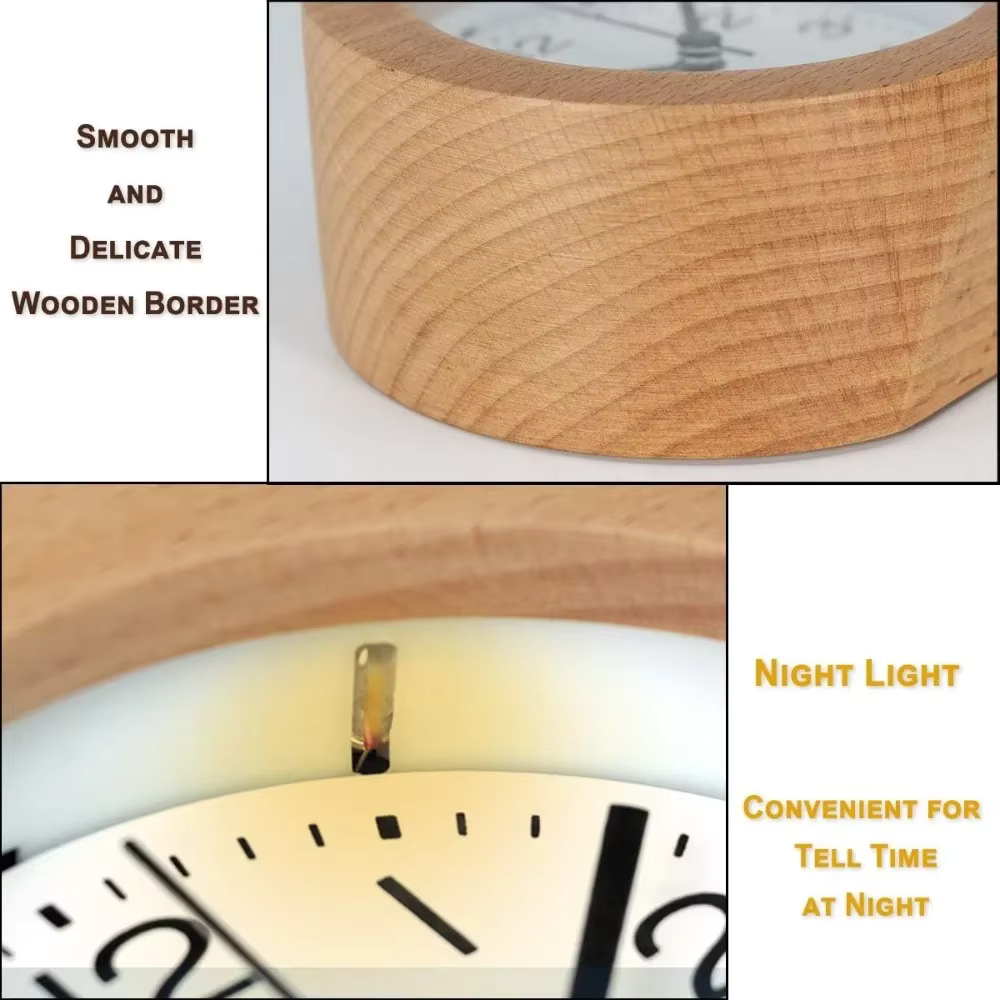 Reloj de mesa silencioso, analógico, de madera, con función de alarma, esencial para el hogar y la oficina.