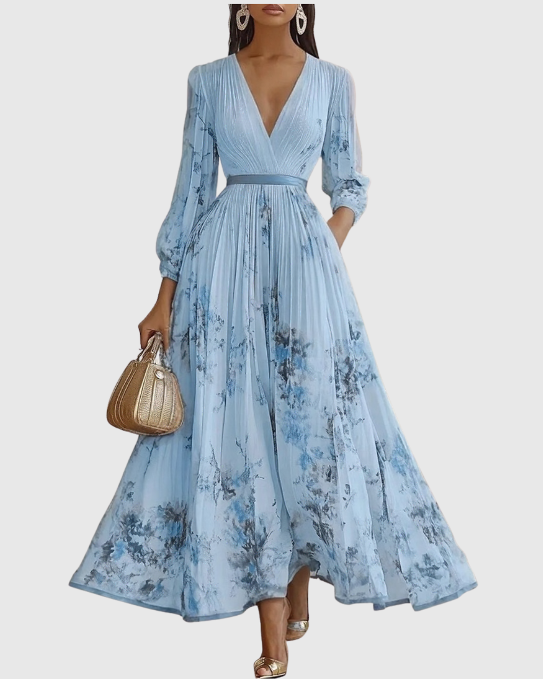 Detalles del corpiño en vestido maxi plisado, estilo elegante para fiesta formal de mujer.
