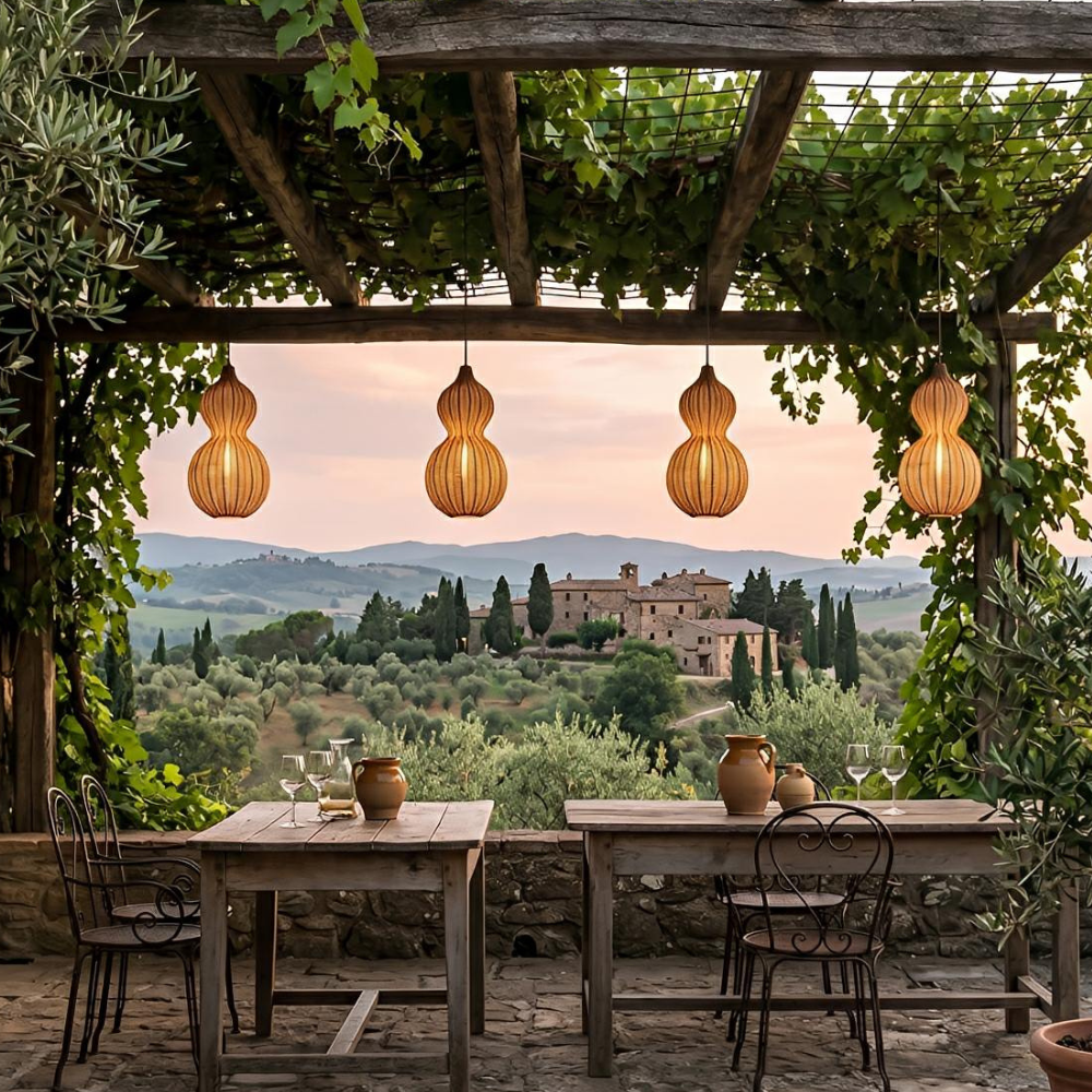 Decoración exterior con lámpara colgante tejida para patio, estilo artesanal y luz ambiental.