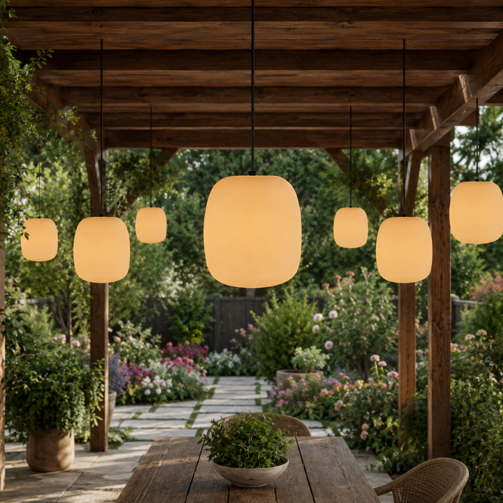 Luz colgante LED impermeable IP65, estilo japonés para iluminación duradera de patio y terraza.