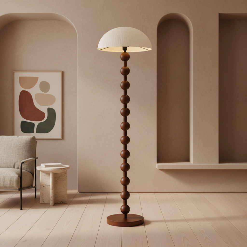 Lámpara de pie moderna de cuentas para sala de estar. Iluminación acogedora, estilo contemporáneo y diseño único.