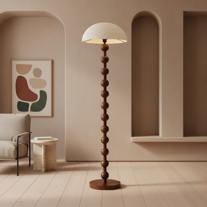 Lámpara de pie moderna de cuentas para sala de estar. Iluminación acogedora, estilo contemporáneo y diseño único.