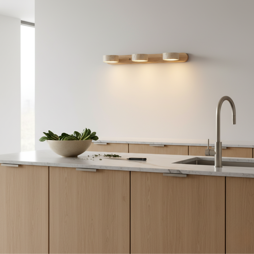 Aplique interior minimalista, estilo Wabi Sabi, luz de acento ajustable.