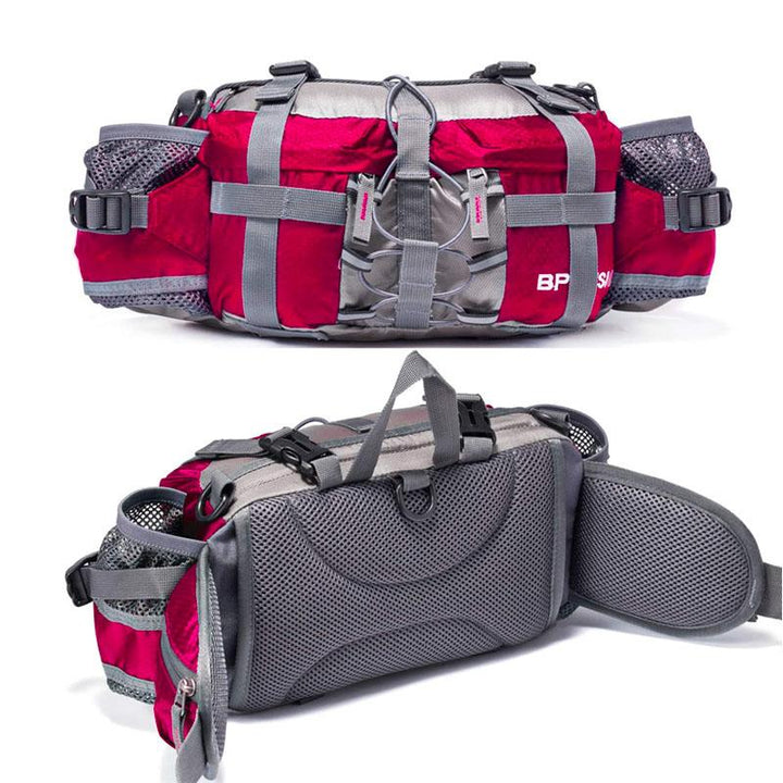 Riñonera de viaje compacta con portabotellas, ideal para llevar tus esenciales en senderismo.