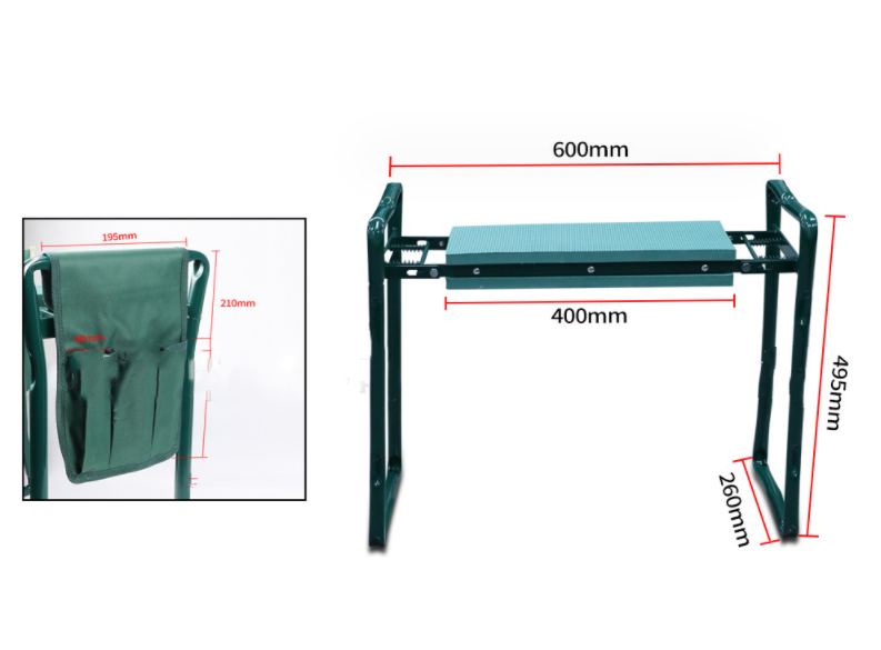 Asiento portátil de jardín con bolsa organizadora de tela y estructura plegable de metal para herramientas.