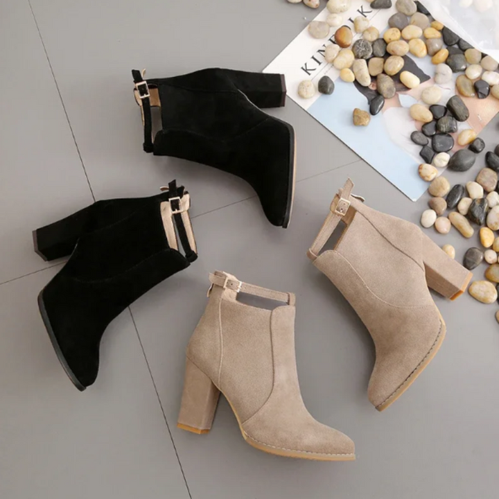 Botines de invierno para mujer, tacón bloque y hebilla; combinan moda y comodidad.