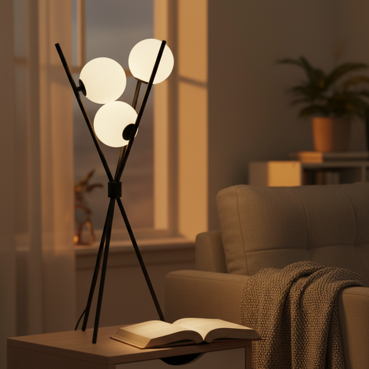 Lámpara interior LED de luna. Luz regulable, opción de mesa o suelo. Decoración moderna, ahorro energía.