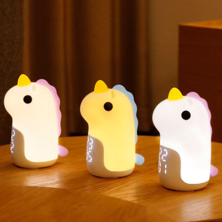 Luz nocturna LED de unicornio mágico y reloj despertador para niños, ideal para mesita de noche.