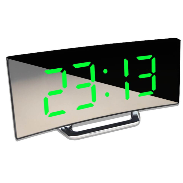 Moderno reloj despertador LED curvado, ideal como elemento decorativo en cualquier habitación.