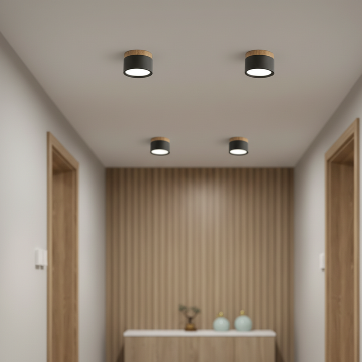 Iluminación LED de techo empotrada, diseño escandinavo. Luz cálida ajustable para ambientes.