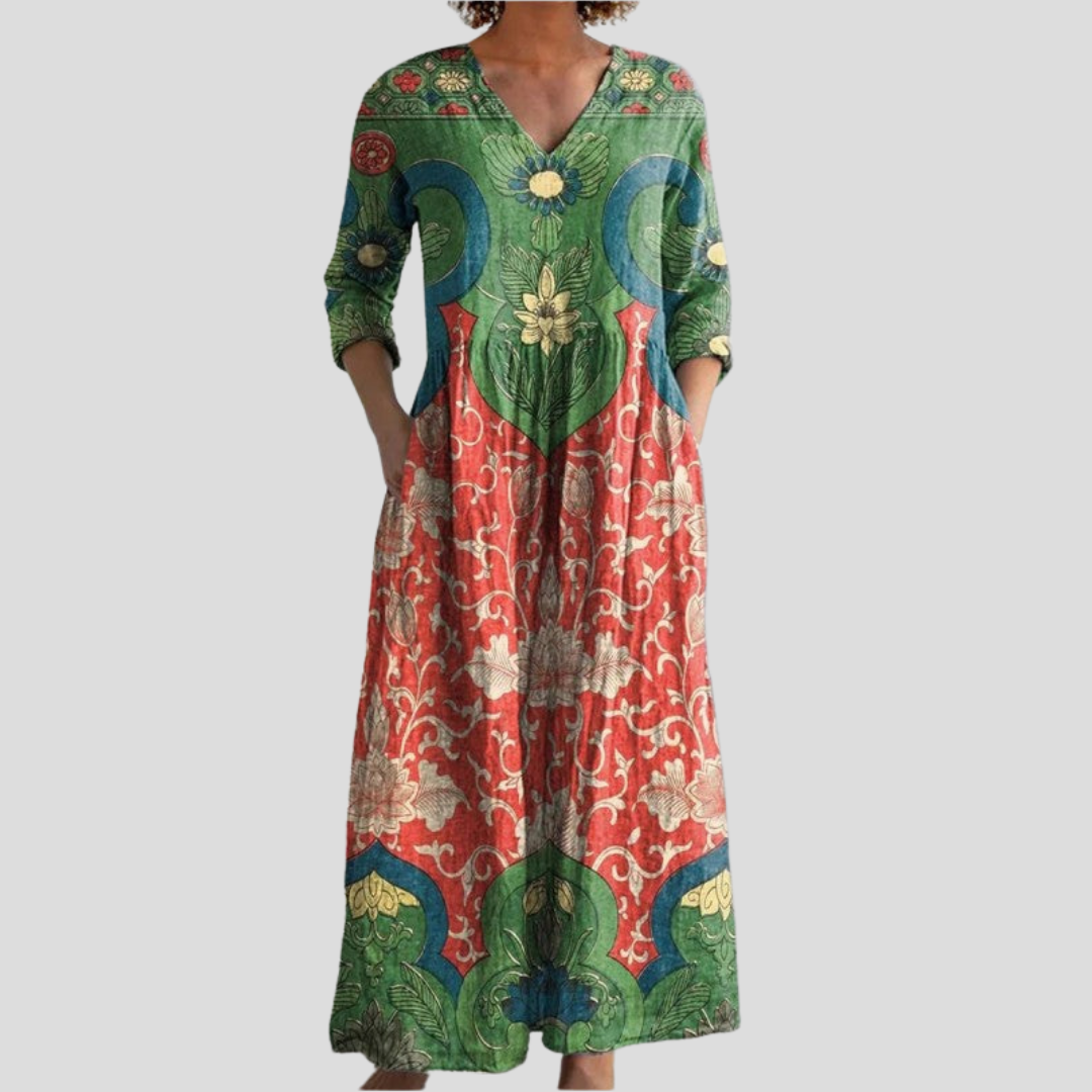 Elegante vestido maxi floral vintage para mujer, verde con diseño romántico, manga larga y escote V.