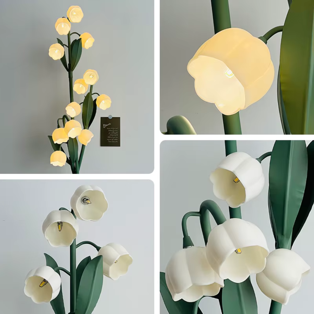 Lámpara de pie floral elegante con base robusta. Iluminación LED y USB para un salón o dormitorio moderno.