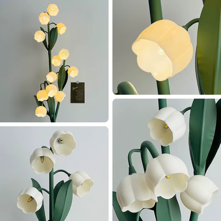 Lámpara de pie floral elegante con base robusta. Iluminación LED y USB para un salón o dormitorio moderno.
