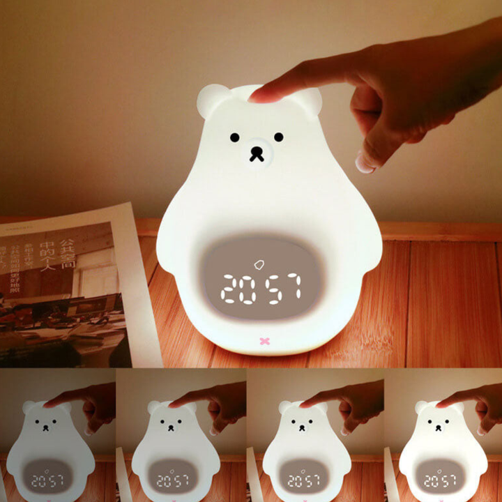 Oso polar LED: reloj despertador y lámpara de noche para dormitorio de niños, luz suave USB.