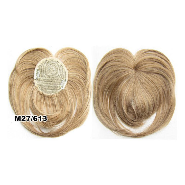 Mujer luciendo topper de cabello, mostrando volumen y densidad en la parte superior. Solución calvicie.
