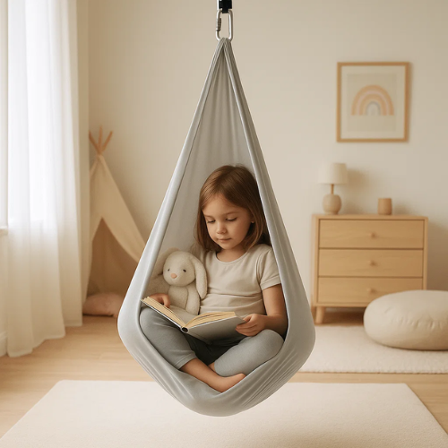 Columpio sensorial elástico para niños con autismo, ideal para integración sensorial y relajación.