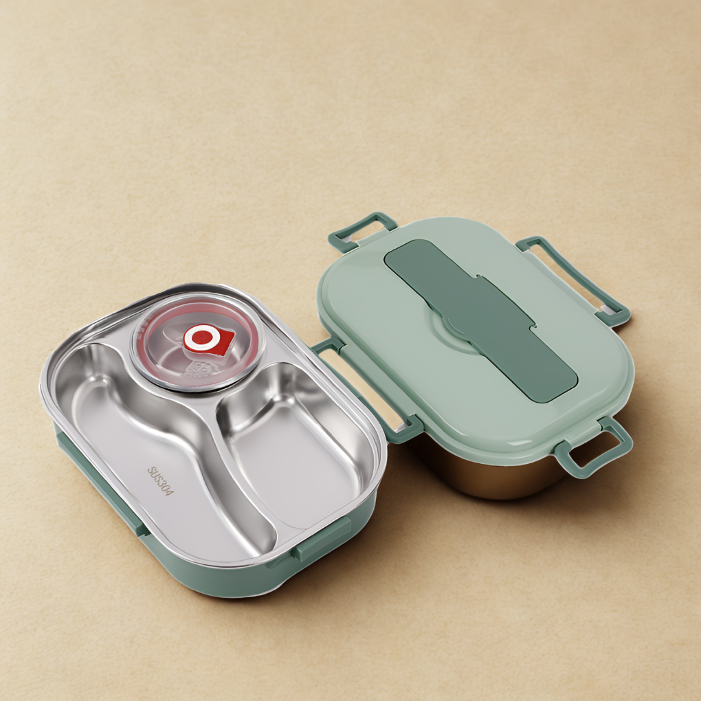 Envase portátil de acero inoxidable para comida fresca. Versátil para oficina, viaje o exterior.