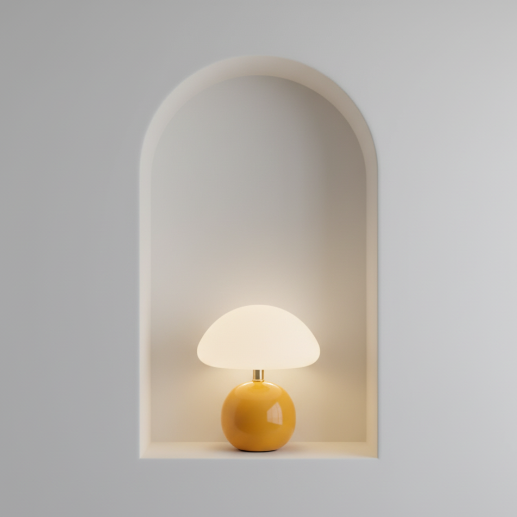 Lámpara de mesa hongo LED con luz regulable, estilo moderno para decoración hogar y ambiente cálido.