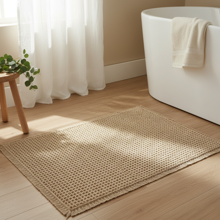 Detalle de borlas y diseño waffle en alfombrilla de baño super absorbente de microfibra.