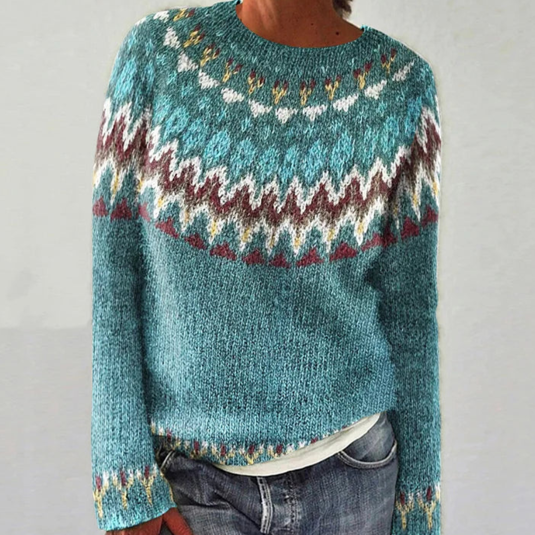 Jersey azul cálido de mujer con cuello redondo para invierno, ideal para un look casual y cómodo. Suéter elegante.