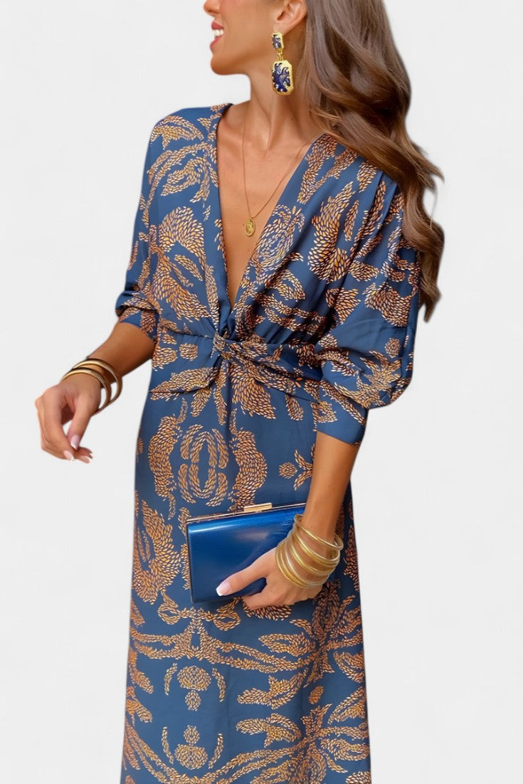 Vestido maxi casual Elara, escote V, nudo. Moda femenina cómoda y vibrante para verano, primavera y eventos casuales.